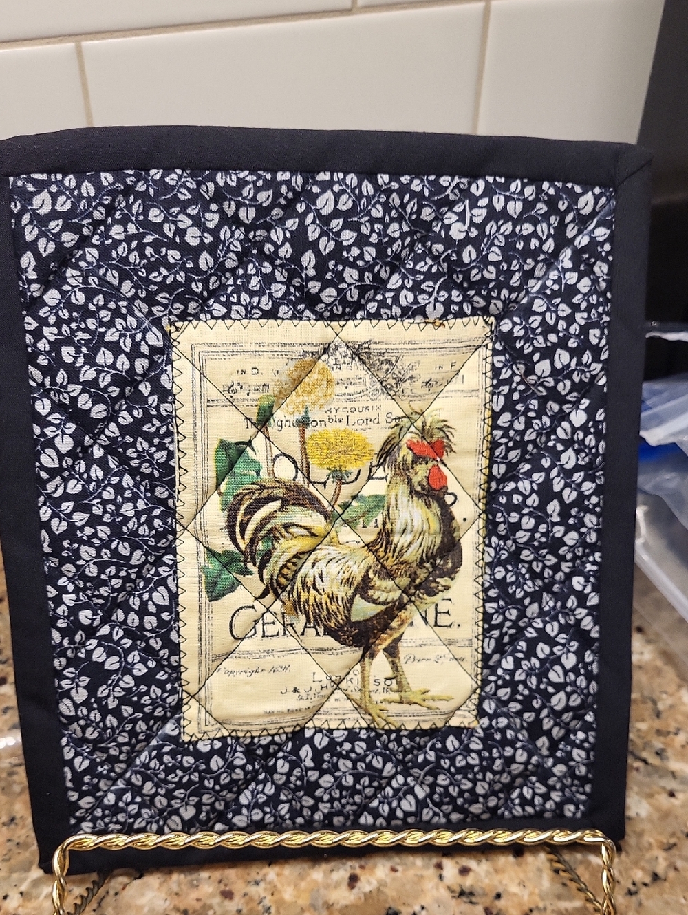 Rooster Quilted Potholders - Black, Cream, Red, Green - set of 2